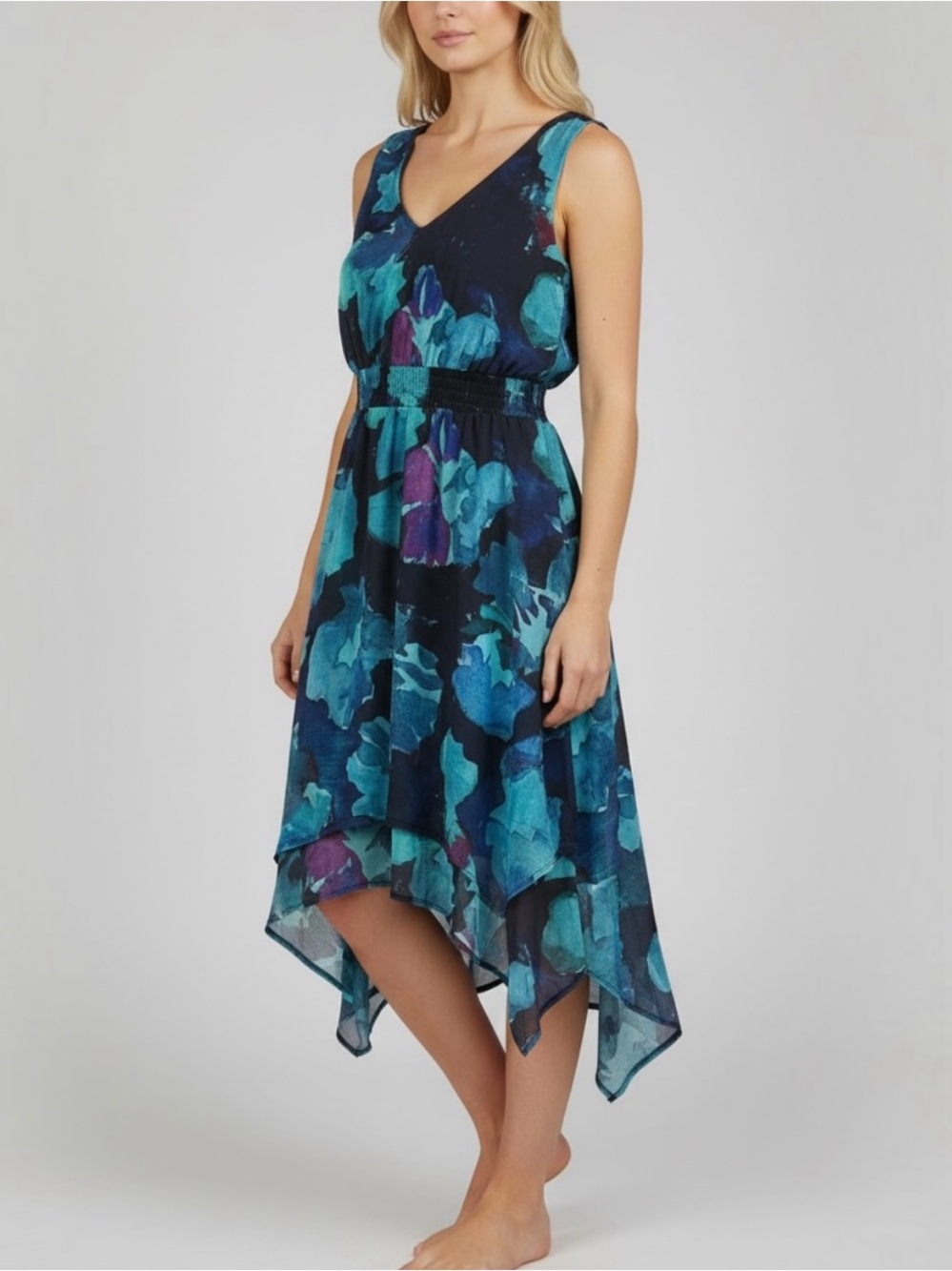 Simply Vera Vera Wang V-Neck Navy Teal Floral Asymmetrical Midi Dress Size PL